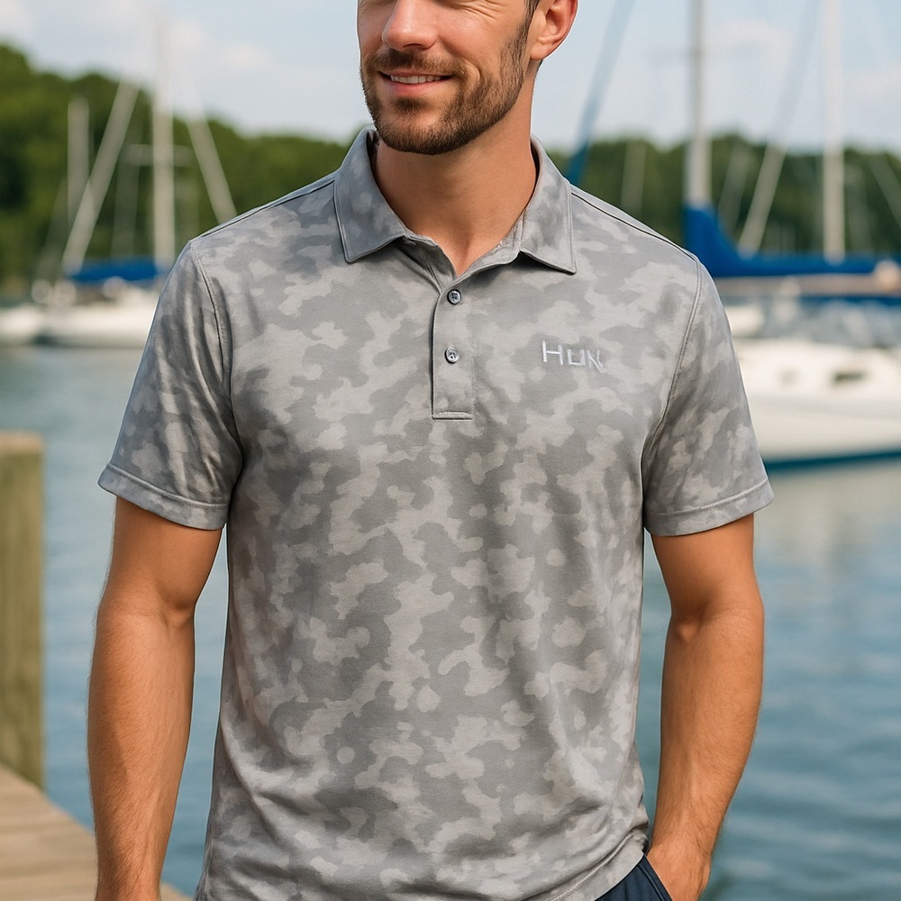 Huk Performance‎ Polo Shirt Men’s Small Gray Camo Fishing Outdoor